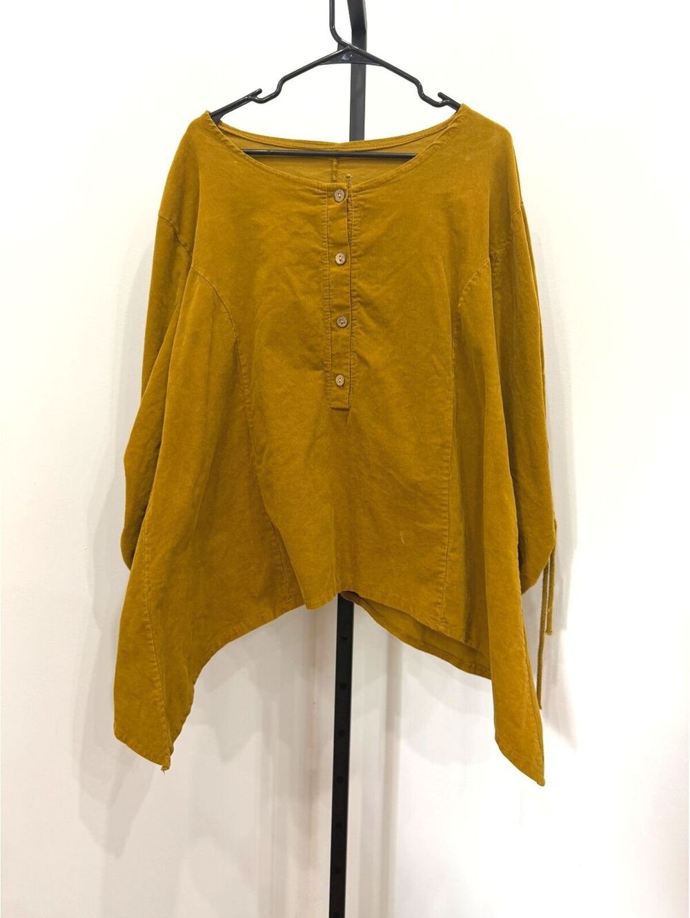 Mustard Yellow Italian Needlecord Cotton Button-Up Blouse Drawstring Sleeves